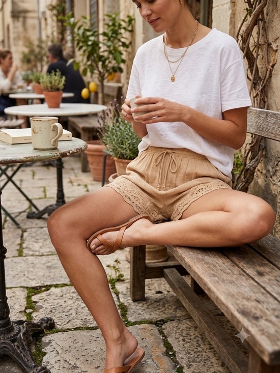aerie Pants - aerie | Tan Crochet-Trim High-Waist Drawstring Shorts | Sz M